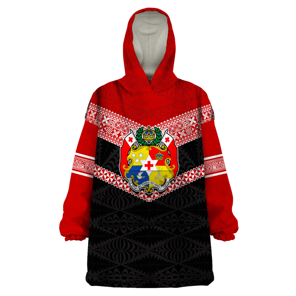 Personalised Tonga Wearable Blanket Hoodie Tonga Coat of Arms with Seamless Tapa Ngatu Pattern LT03 One Size Black - Polynesian Pride