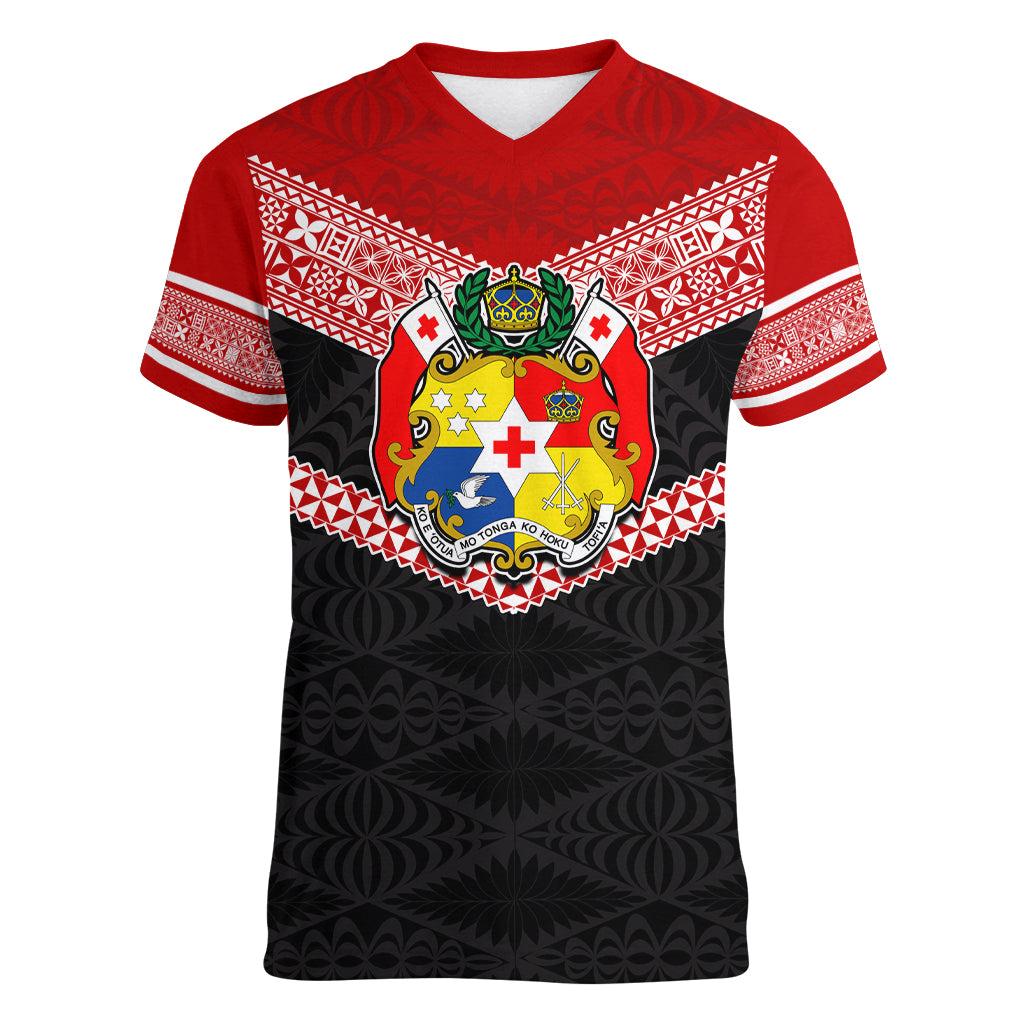 Personalised Tonga Women V Neck T Shirt Tonga Coat of Arms with Seamless Tapa Ngatu Pattern LT03 Female Black - Polynesian Pride
