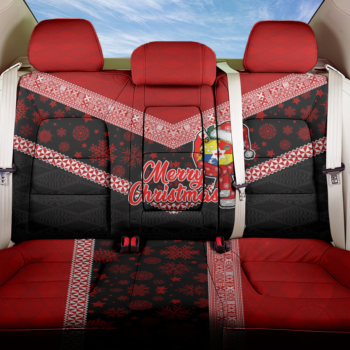 Tonga Christmas Back Car Seat Cover Tongan Coat of Arms Santa With Ngatu Pattern Christmas Red Style