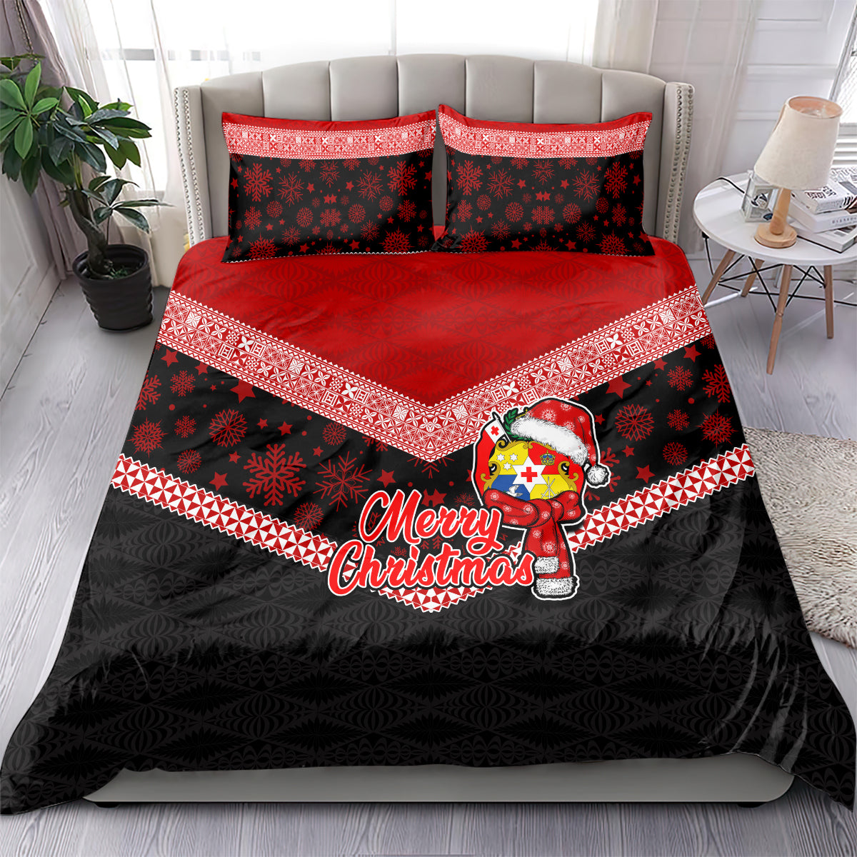 Tonga Christmas Bedding Set Tongan Coat of Arms Santa With Ngatu Pattern Christmas Red Style LT03 - Polynesian Pride