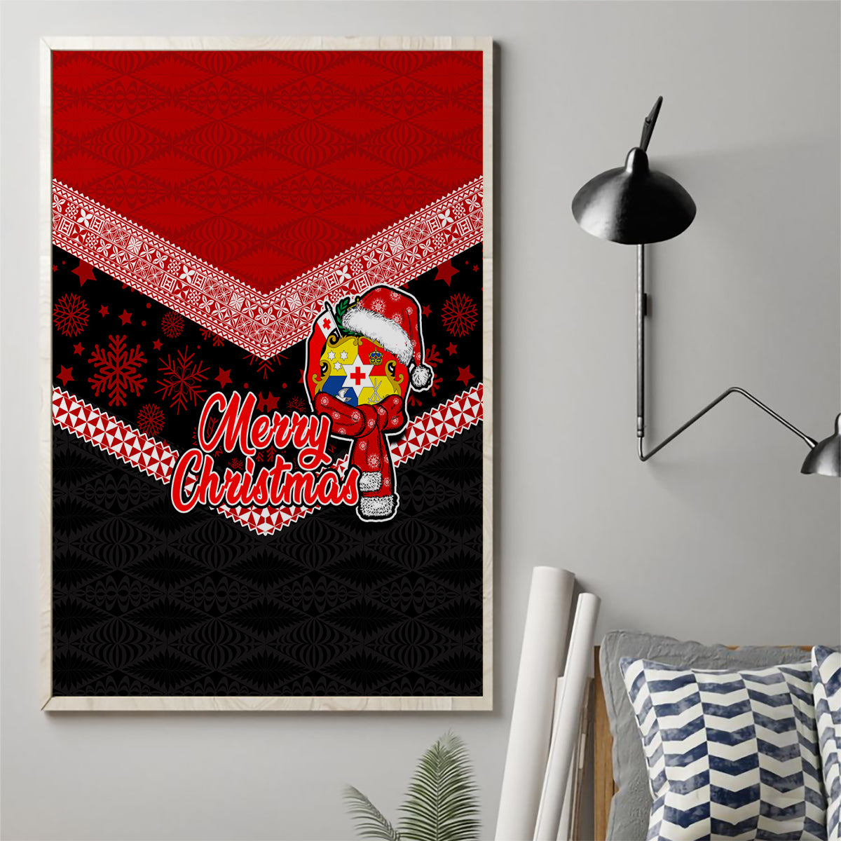 Tonga Christmas Canvas Wall Art Tongan Coat of Arms Santa With Ngatu Pattern Christmas Red Style LT03 - Polynesian Pride