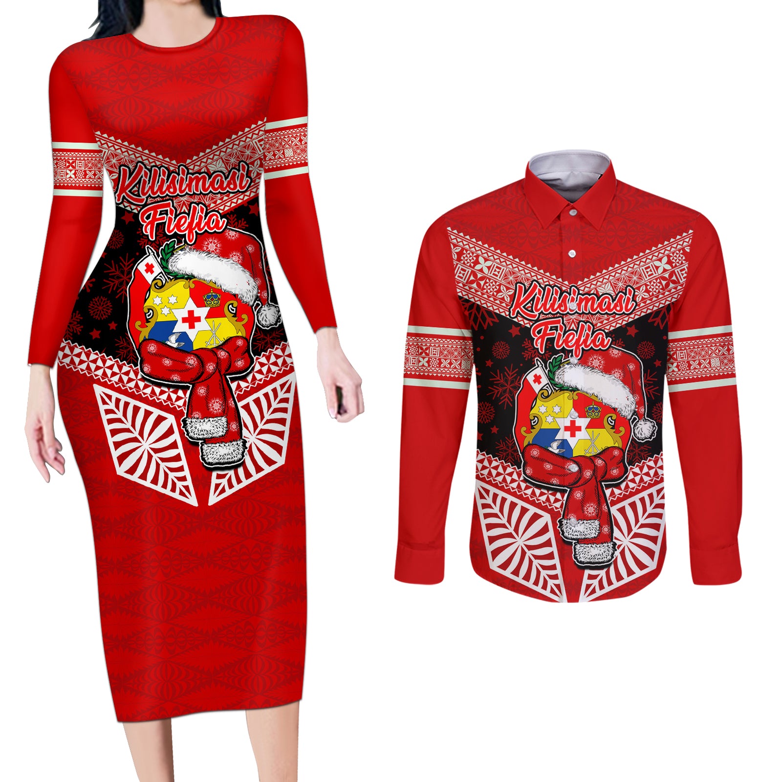 Tonga Christmas Couples Matching Long Sleeve Bodycon Dress and Long Sleeve Button Shirts Tongan Coat of Arms Santa With Ngatu Pattern Christmas Red Style LT03 Red - Polynesian Pride