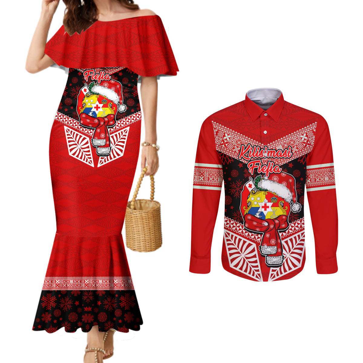 Tonga Christmas Couples Matching Mermaid Dress and Long Sleeve Button Shirts Tongan Coat of Arms Santa With Ngatu Pattern Christmas Red Style LT03 Red - Polynesian Pride