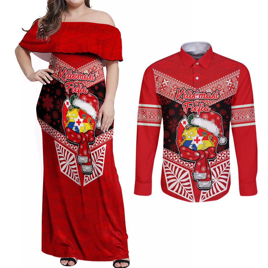 Tonga Christmas Couples Matching Off Shoulder Maxi Dress and Long Sleeve Button Shirts Tongan Coat of Arms Santa With Ngatu Pattern Christmas Red Style LT03 Red - Polynesian Pride