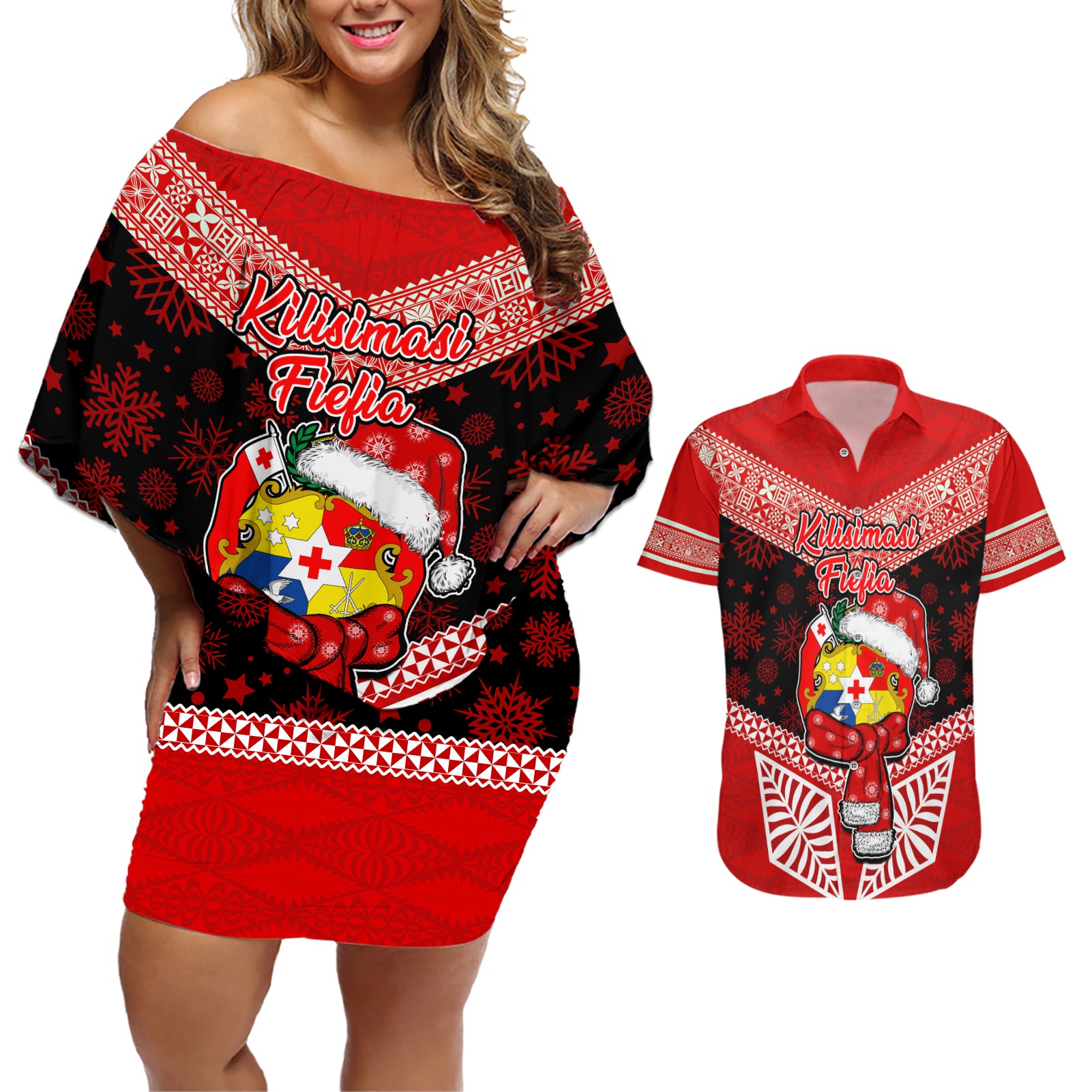 Tonga Christmas Couples Matching Off Shoulder Short Dress and Hawaiian Shirt Tongan Coat of Arms Santa With Ngatu Pattern Christmas Red Style LT03 Red - Polynesian Pride