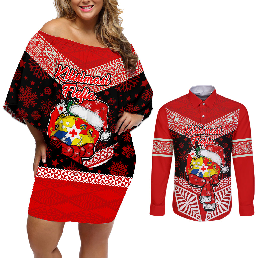 Tonga Christmas Couples Matching Off Shoulder Short Dress and Long Sleeve Button Shirts Tongan Coat of Arms Santa With Ngatu Pattern Christmas Red Style LT03 Red - Polynesian Pride