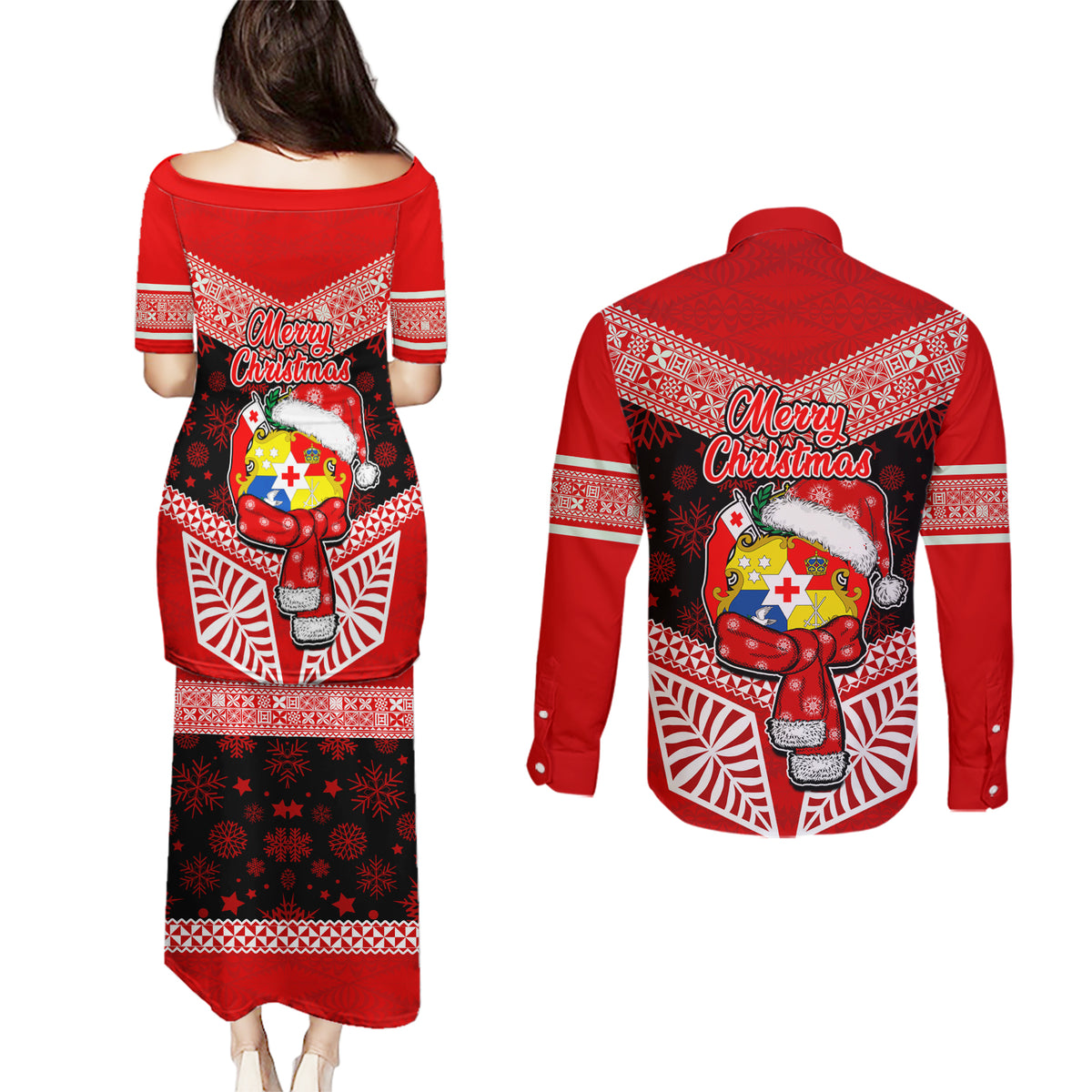 Tonga Christmas Couples Matching Puletasi Dress and Long Sleeve Button Shirts Tongan Coat of Arms Santa With Ngatu Pattern Christmas Red Style LT03 - Polynesian Pride