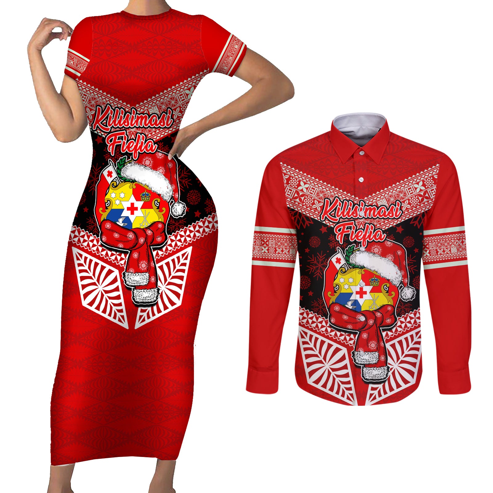 Tonga Christmas Couples Matching Short Sleeve Bodycon Dress and Long Sleeve Button Shirts Tongan Coat of Arms Santa With Ngatu Pattern Christmas Red Style LT03 Red - Polynesian Pride