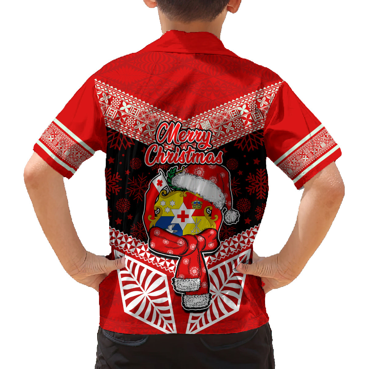 Tonga Christmas Family Matching Off Shoulder Long Sleeve Dress and Hawaiian Shirt Tongan Coat of Arms Santa With Ngatu Pattern Christmas Red Style LT03 - Polynesian Pride