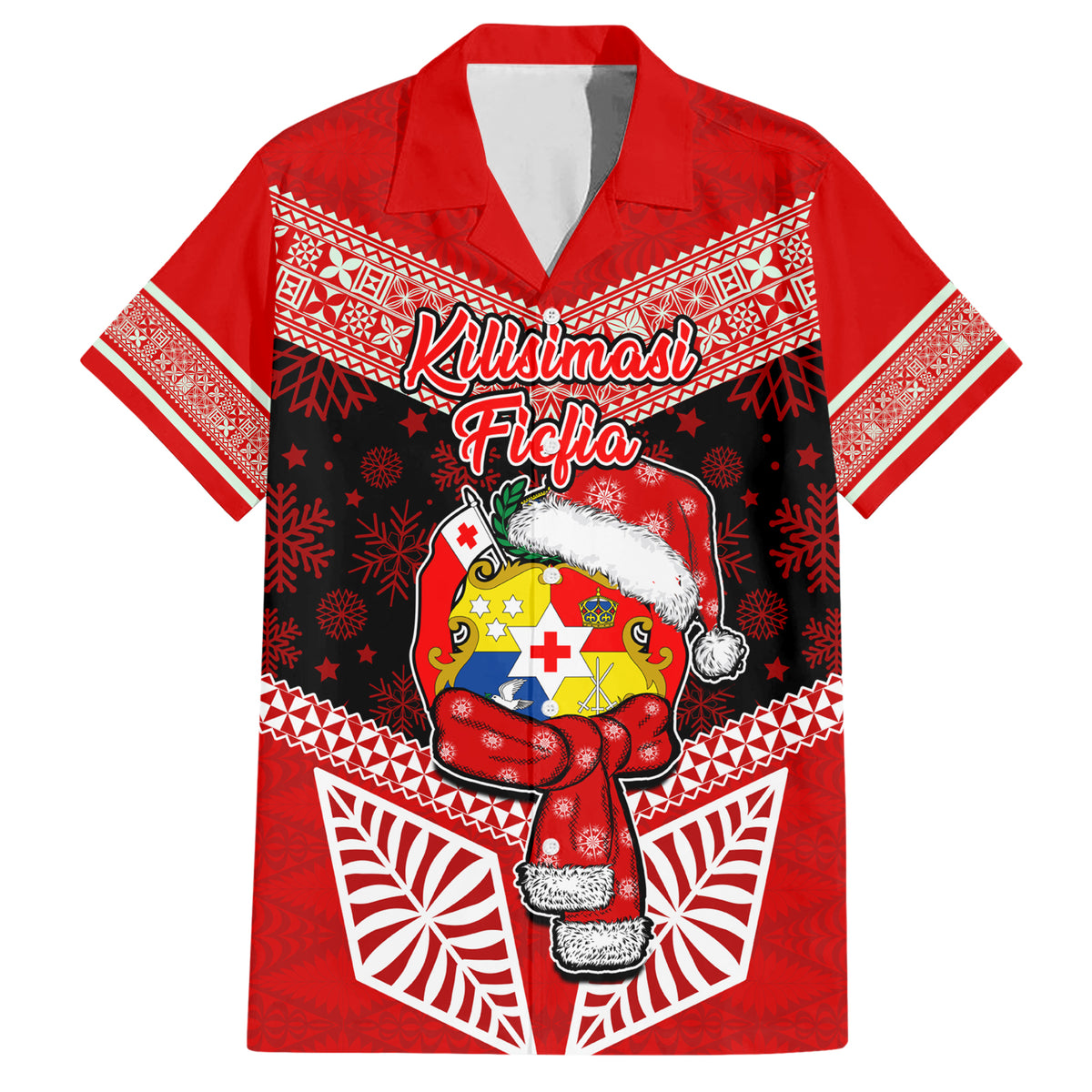Tonga Christmas Family Matching Short Sleeve Bodycon Dress and Hawaiian Shirt Tongan Coat of Arms Santa With Ngatu Pattern Christmas Red Style LT03 Dad's Shirt - Short Sleeve Red - Polynesian Pride