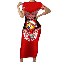 Tonga Christmas Family Matching Short Sleeve Bodycon Dress and Hawaiian Shirt Tongan Coat of Arms Santa With Ngatu Pattern Christmas Red Style LT03 Mom's Dress Red - Polynesian Pride
