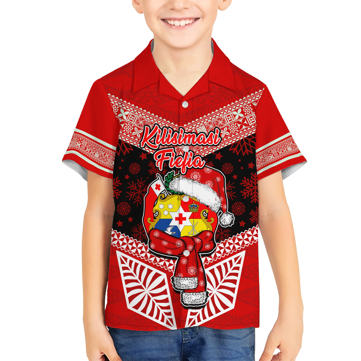 Tonga Christmas Hawaiian Shirt Tongan Coat of Arms Santa With Ngatu Pattern Christmas Red Style LT03 - Polynesian Pride