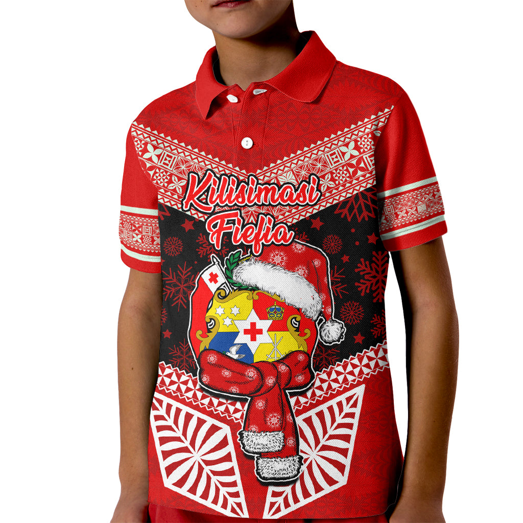 Tonga Christmas Kid Polo Shirt Tongan Coat of Arms Santa With Ngatu Pattern Christmas Red Style LT03 Kid Red - Polynesian Pride