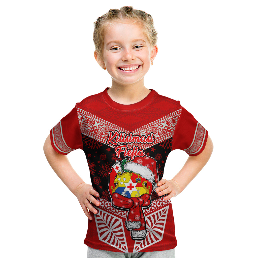 Tonga Christmas Kid T Shirt Tongan Coat of Arms Santa With Ngatu Pattern Christmas Red Style LT03 Red - Polynesian Pride