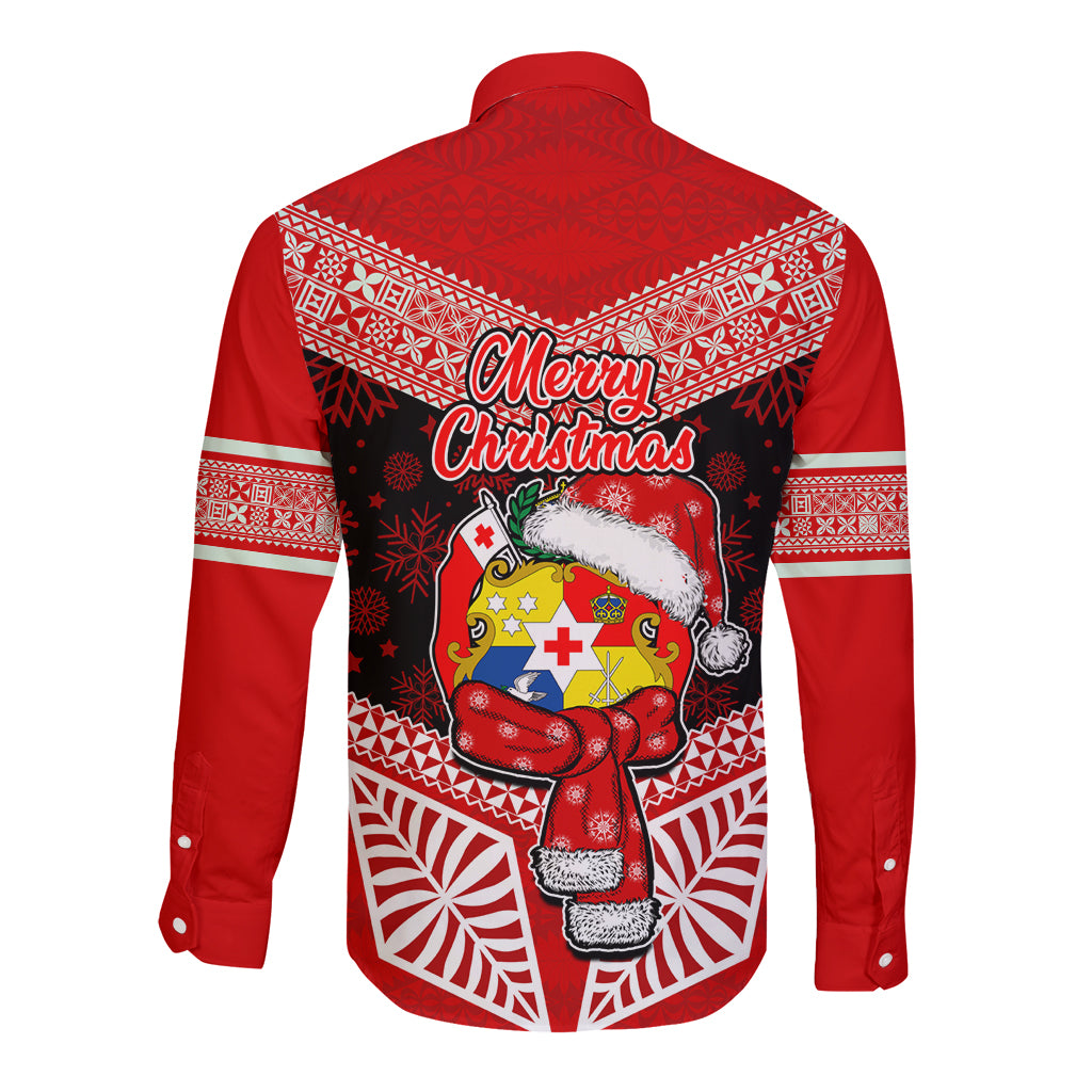 Tonga Christmas Long Sleeve Button Shirt Tongan Coat of Arms Santa With Ngatu Pattern Christmas Red Style LT03 - Polynesian Pride