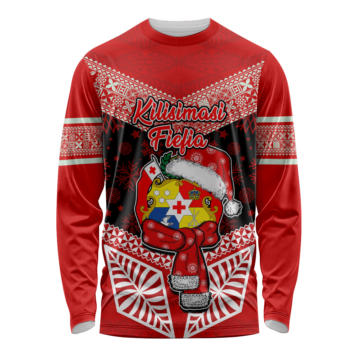 Tonga Christmas Long Sleeve Shirt Tongan Coat of Arms Santa With Ngatu Pattern Christmas Red Style LT03 Unisex Red - Polynesian Pride