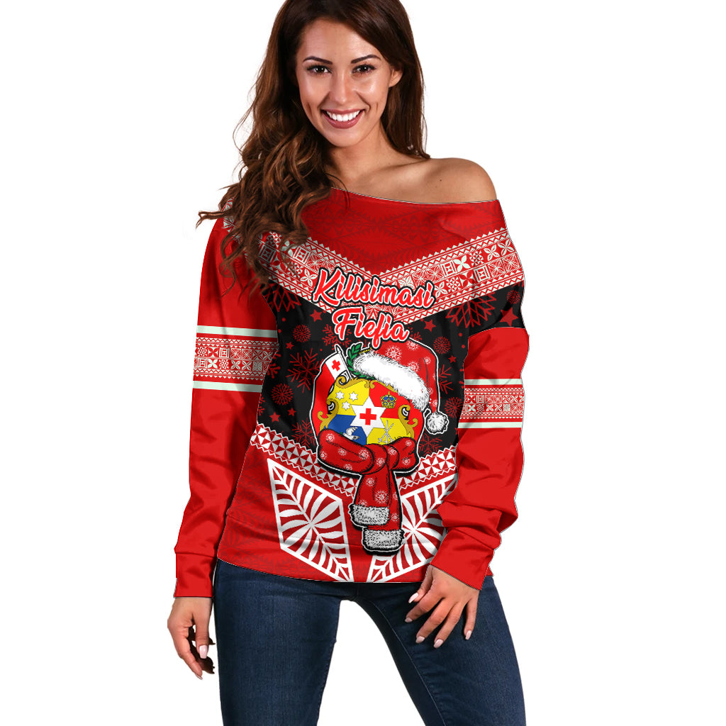 Tonga Christmas Off Shoulder Sweater Tongan Coat of Arms Santa With Ngatu Pattern Christmas Red Style LT03 Women Red - Polynesian Pride