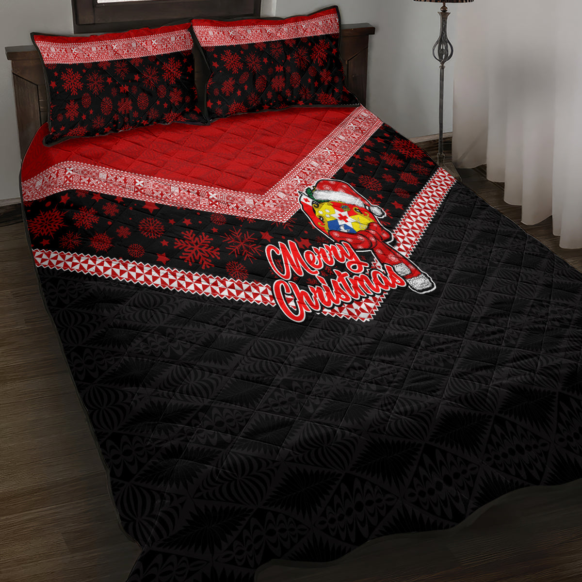 Tonga Christmas Quilt Bed Set Tongan Coat of Arms Santa With Ngatu Pattern Christmas Red Style LT03 - Polynesian Pride