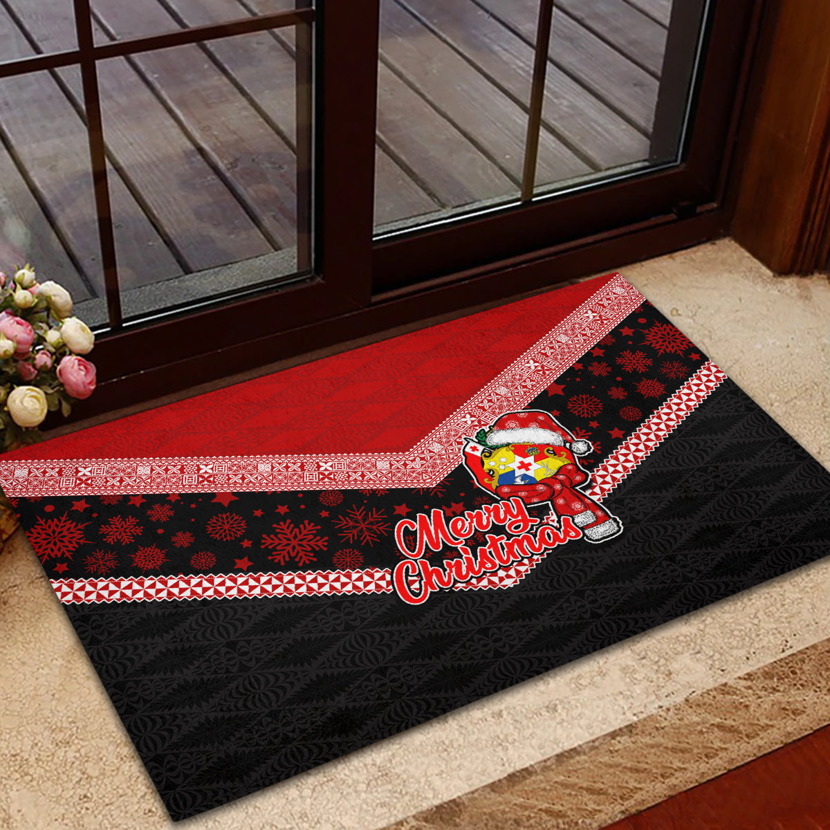 Tonga Christmas Rubber Doormat Tongan Coat of Arms Santa With Ngatu Pattern Christmas Red Style LT03 - Polynesian Pride