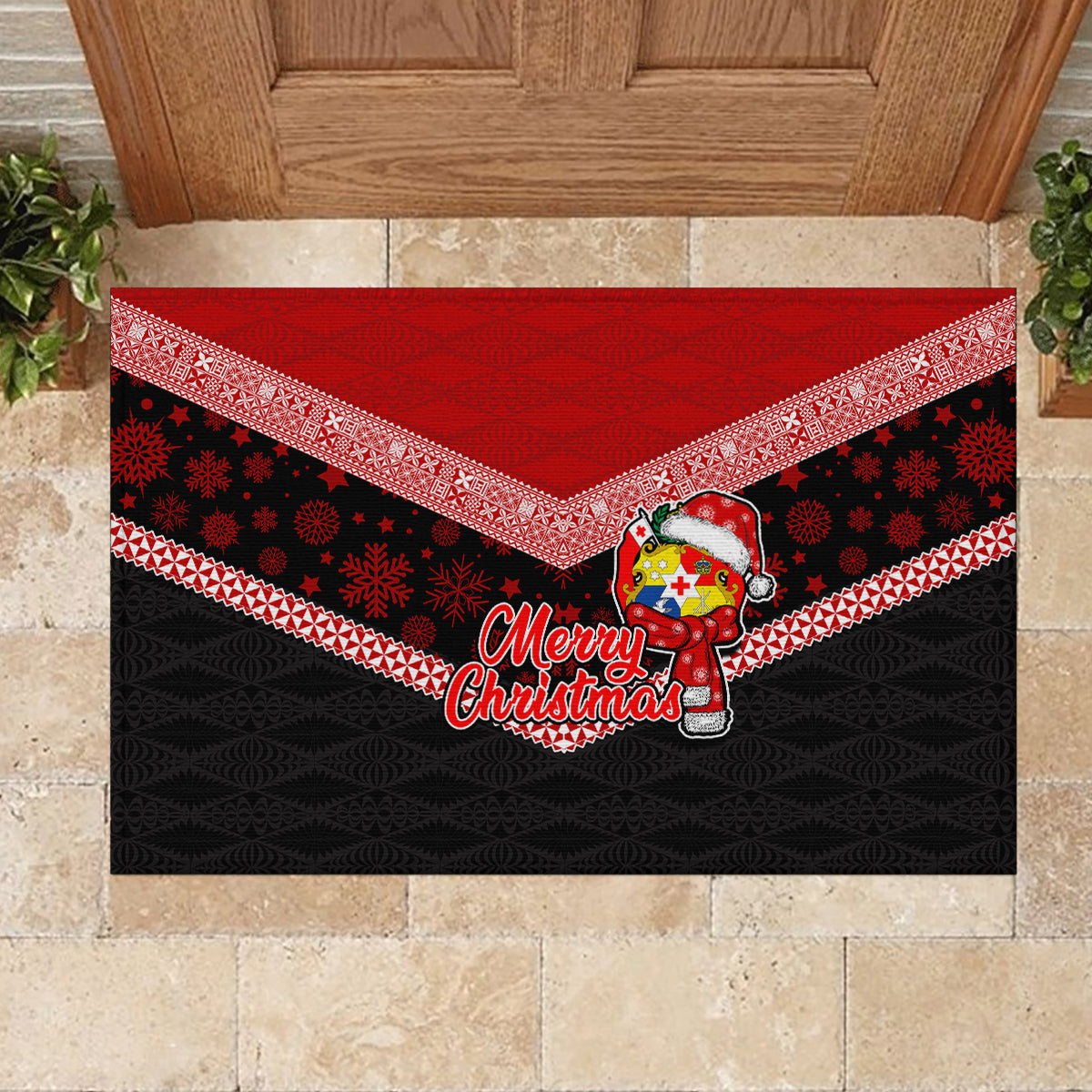 Tonga Christmas Rubber Doormat Tongan Coat of Arms Santa With Ngatu Pattern Christmas Red Style LT03 - Polynesian Pride