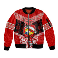 Tonga Christmas Sleeve Zip Bomber Jacket Tongan Coat of Arms Santa With Ngatu Pattern Christmas Red Style LT03 Unisex Red - Polynesian Pride
