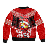 Tonga Christmas Sleeve Zip Bomber Jacket Tongan Coat of Arms Santa With Ngatu Pattern Christmas Red Style LT03 - Polynesian Pride