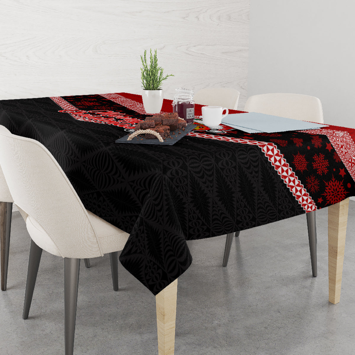 Tonga Christmas Tablecloth Tongan Coat of Arms Santa With Ngatu Pattern Christmas Red Style LT03 - Polynesian Pride