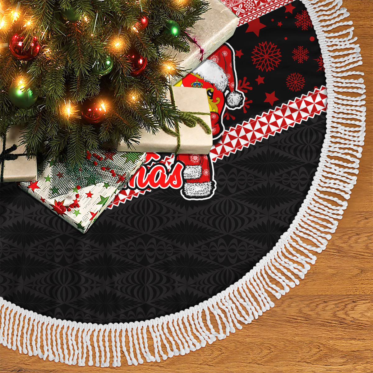 Tonga Christmas Tree Skirt Tonga Coat of Arms with Seamless Tapa Ngatu Pattern Xmas Red Style LT03 - Polynesian Pride