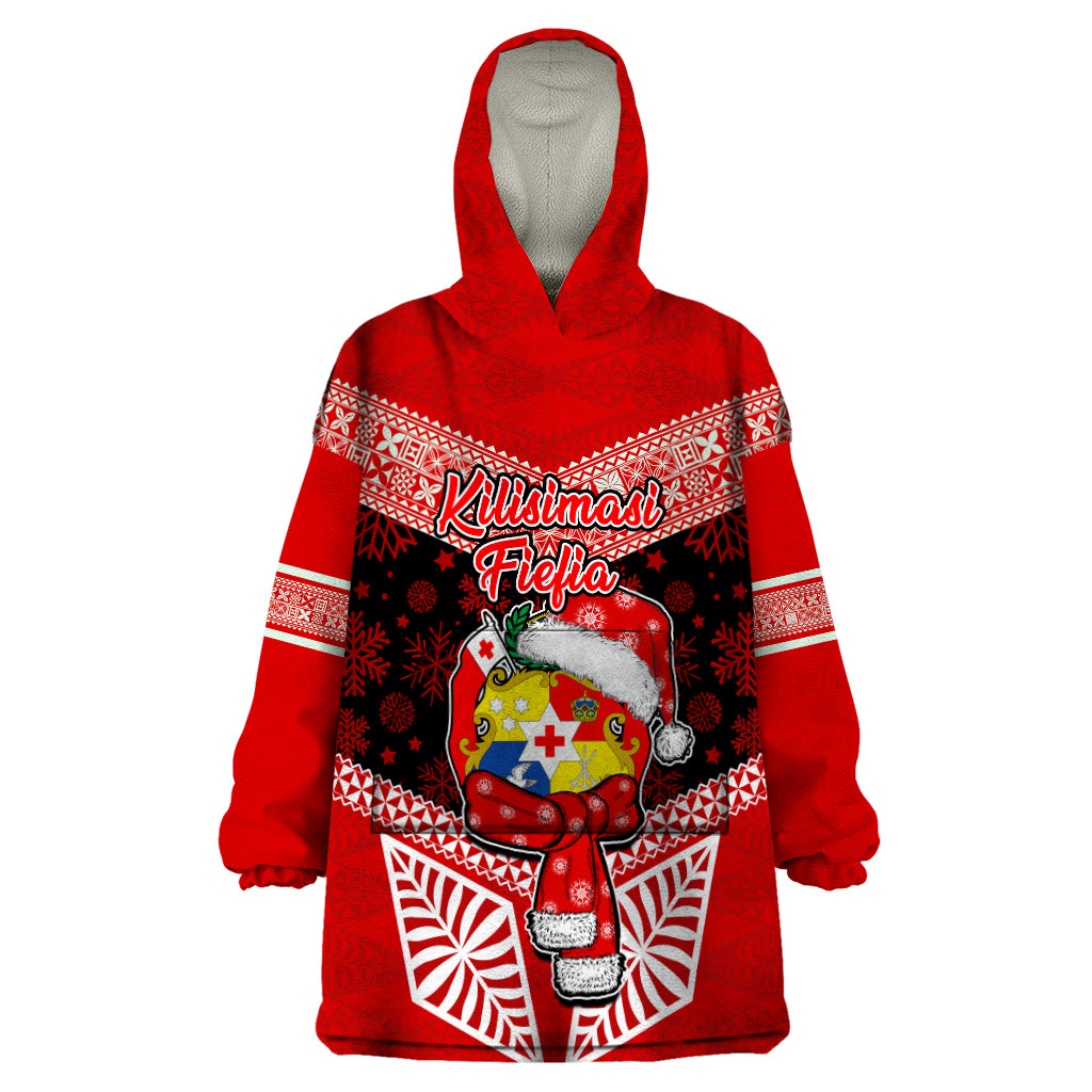 Tonga Christmas Wearable Blanket Hoodie Tongan Coat of Arms Santa With Ngatu Pattern Christmas Red Style LT03 One Size Red - Polynesian Pride