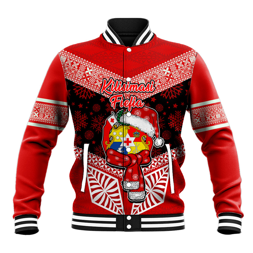 Personalised Tonga Christmas Baseball Jacket Tongan Coat of Arms Santa With Ngatu Pattern Christmas Red Style LT03 Unisex Red - Polynesian Pride
