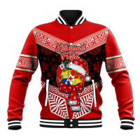 Personalised Tonga Christmas Baseball Jacket Tongan Coat of Arms Santa With Ngatu Pattern Christmas Red Style LT03 Unisex Red - Polynesian Pride
