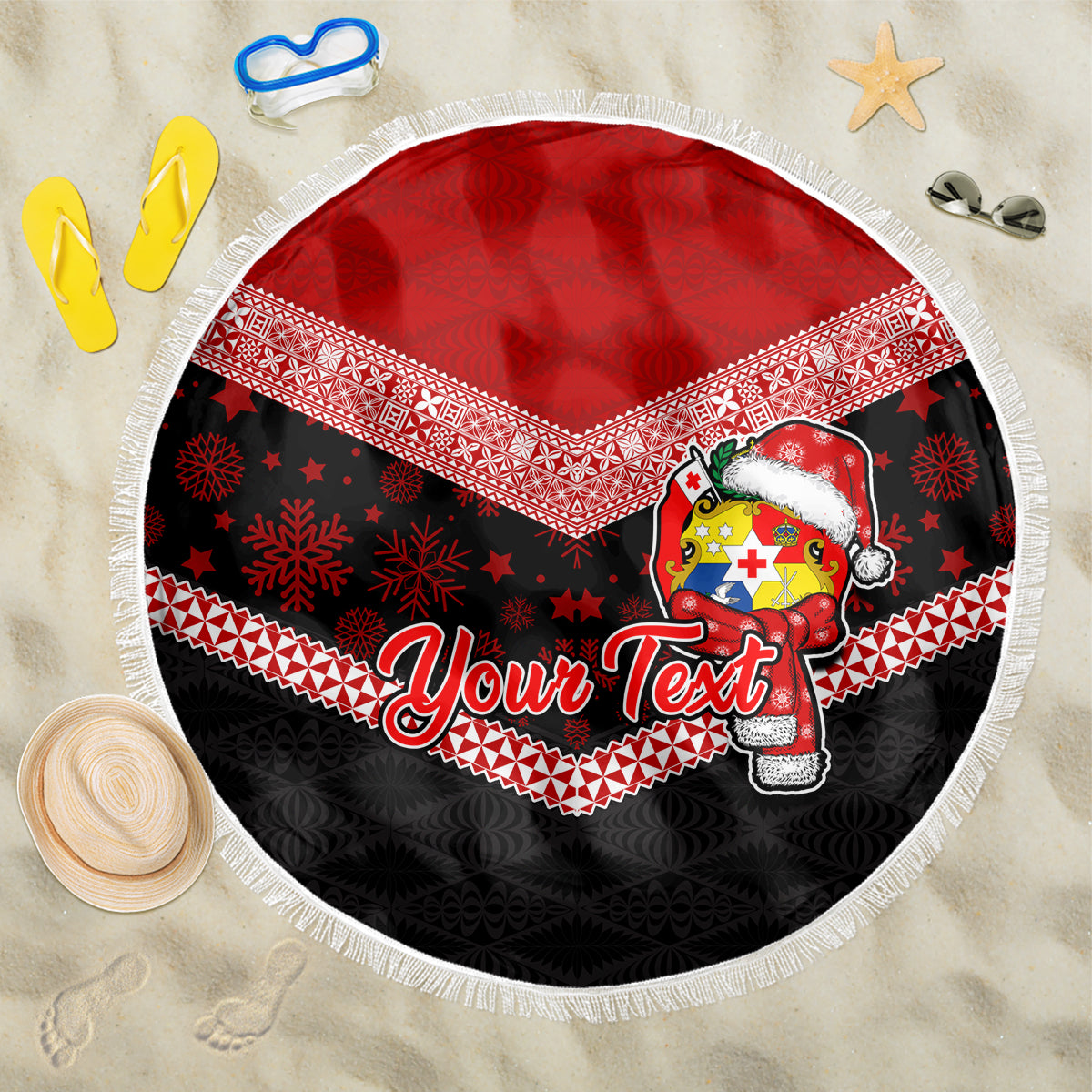 Personalised Tonga Christmas Beach Blanket Tongan Coat of Arms Santa With Ngatu Pattern Christmas Red Style LT03 One Size 150cm Red - Wonder Print Shop