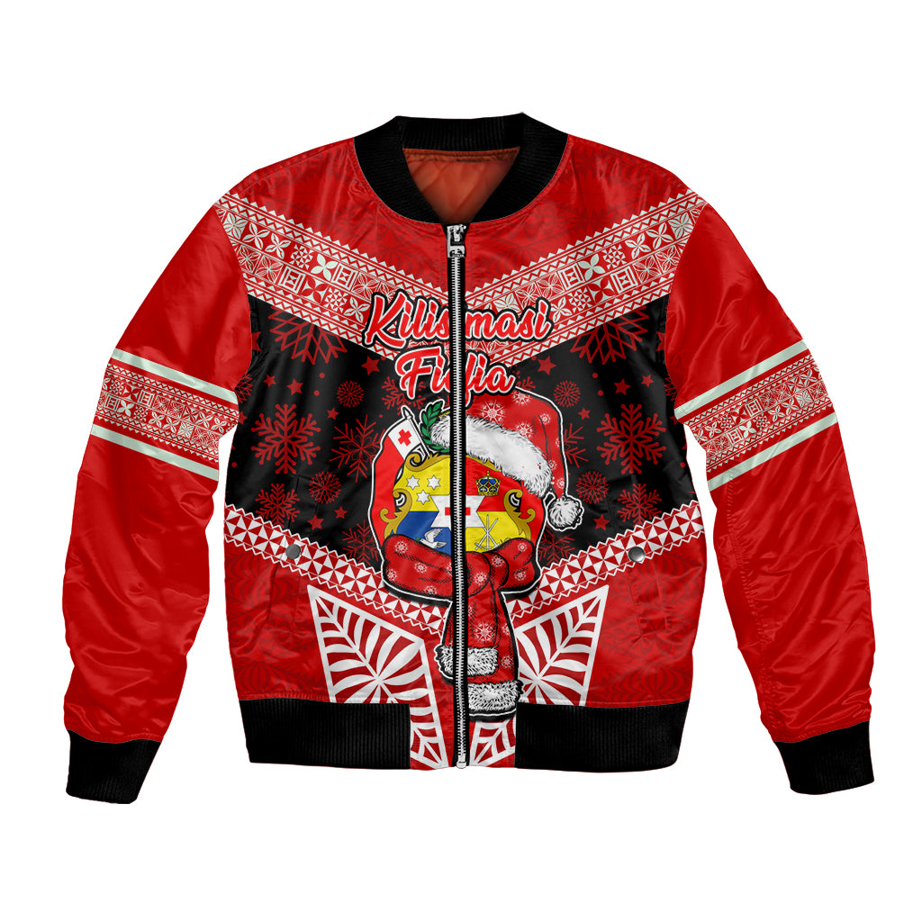 Personalised Tonga Christmas Bomber Jacket Tongan Coat of Arms Santa With Ngatu Pattern Christmas Red Style LT03 Unisex Red - Polynesian Pride