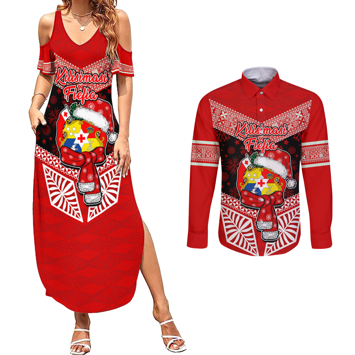 Personalised Tonga Christmas Couples Matching Summer Maxi Dress and Long Sleeve Button Shirts Tongan Coat of Arms Santa With Ngatu Pattern Christmas Red Style LT03 Red - Polynesian Pride