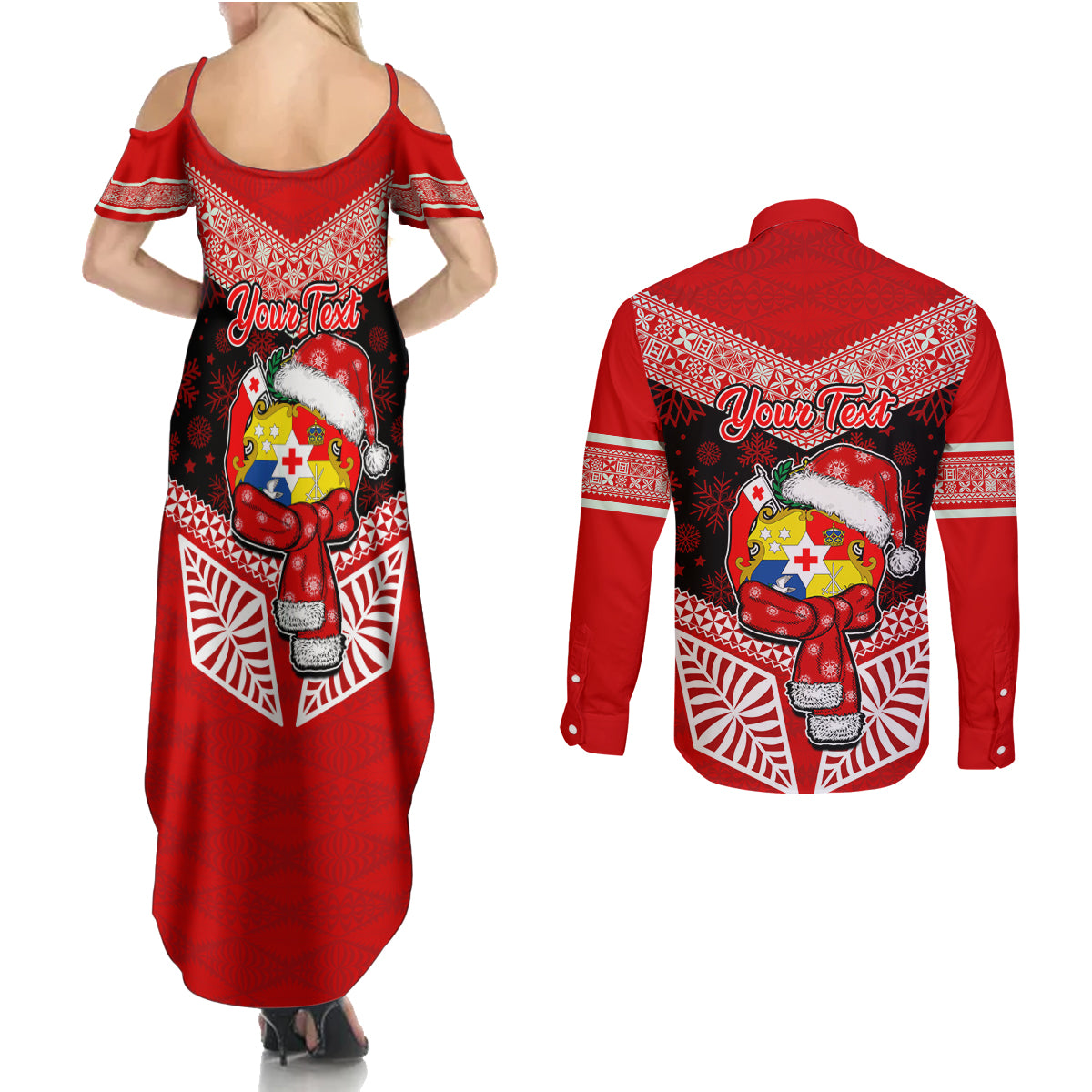 Personalised Tonga Christmas Couples Matching Summer Maxi Dress and Long Sleeve Button Shirts Tongan Coat of Arms Santa With Ngatu Pattern Christmas Red Style LT03 - Polynesian Pride