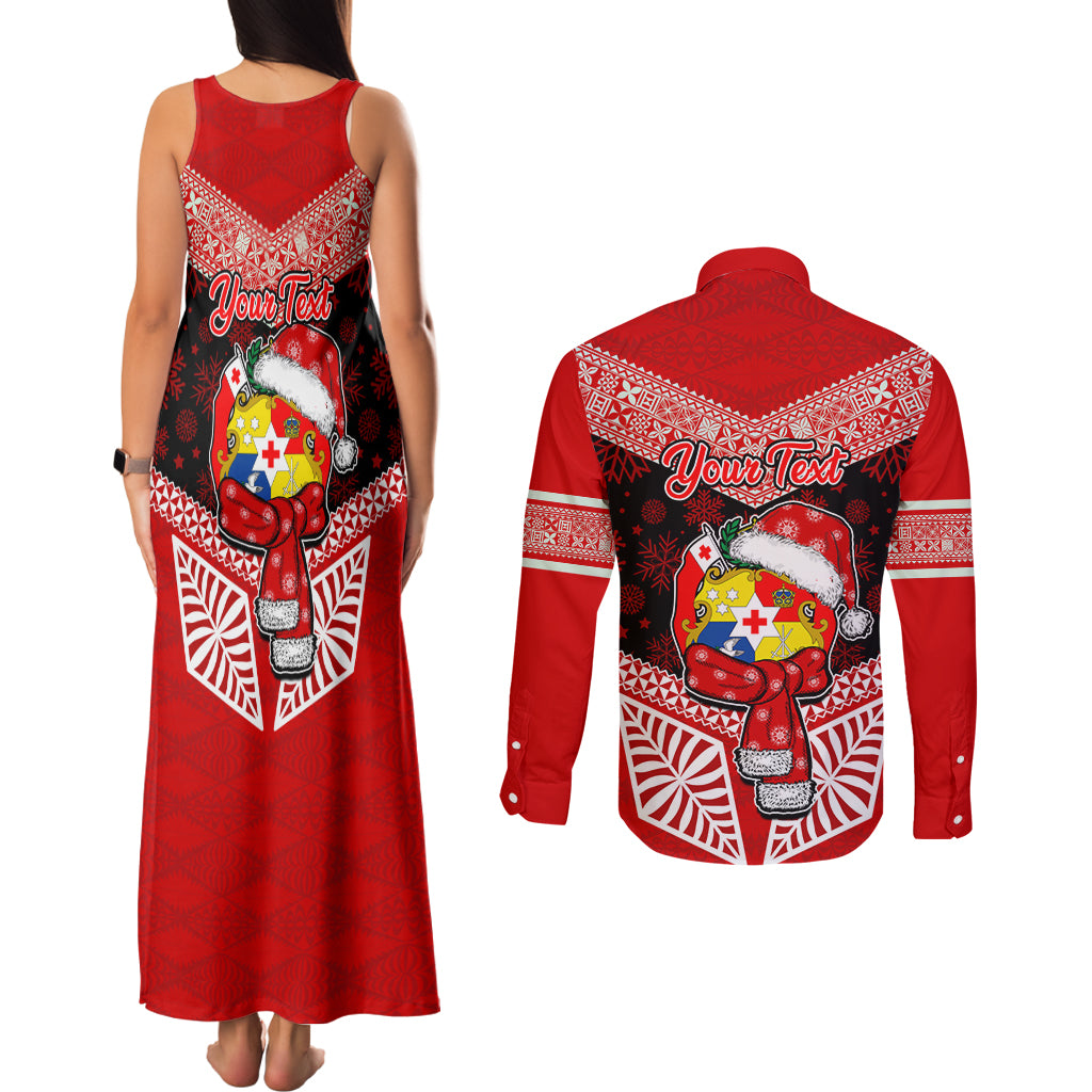 Personalised Tonga Christmas Couples Matching Tank Maxi Dress and Long Sleeve Button Shirts Tongan Coat of Arms Santa With Ngatu Pattern Christmas Red Style LT03 - Polynesian Pride