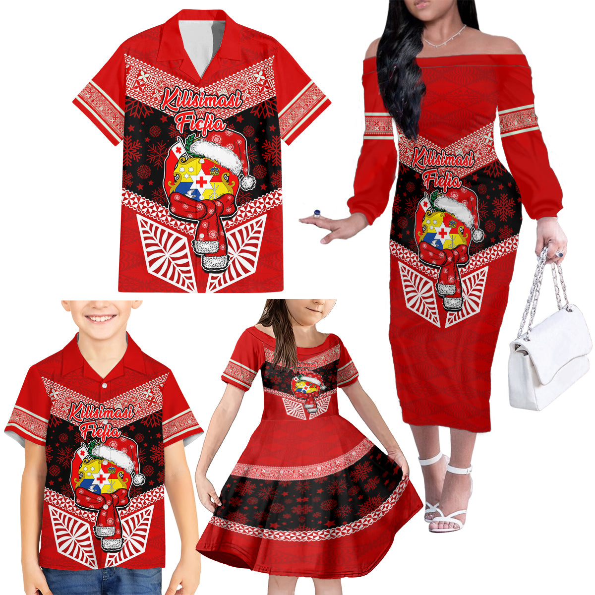 Personalised Tonga Christmas Family Matching Off Shoulder Long Sleeve Dress and Hawaiian Shirt Tongan Coat of Arms Santa With Ngatu Pattern Christmas Red Style LT03 - Polynesian Pride