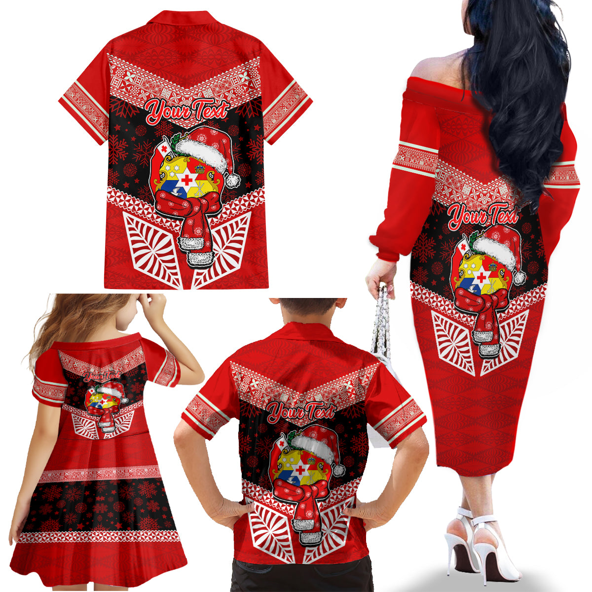Personalised Tonga Christmas Family Matching Off Shoulder Long Sleeve Dress and Hawaiian Shirt Tongan Coat of Arms Santa With Ngatu Pattern Christmas Red Style LT03 - Polynesian Pride