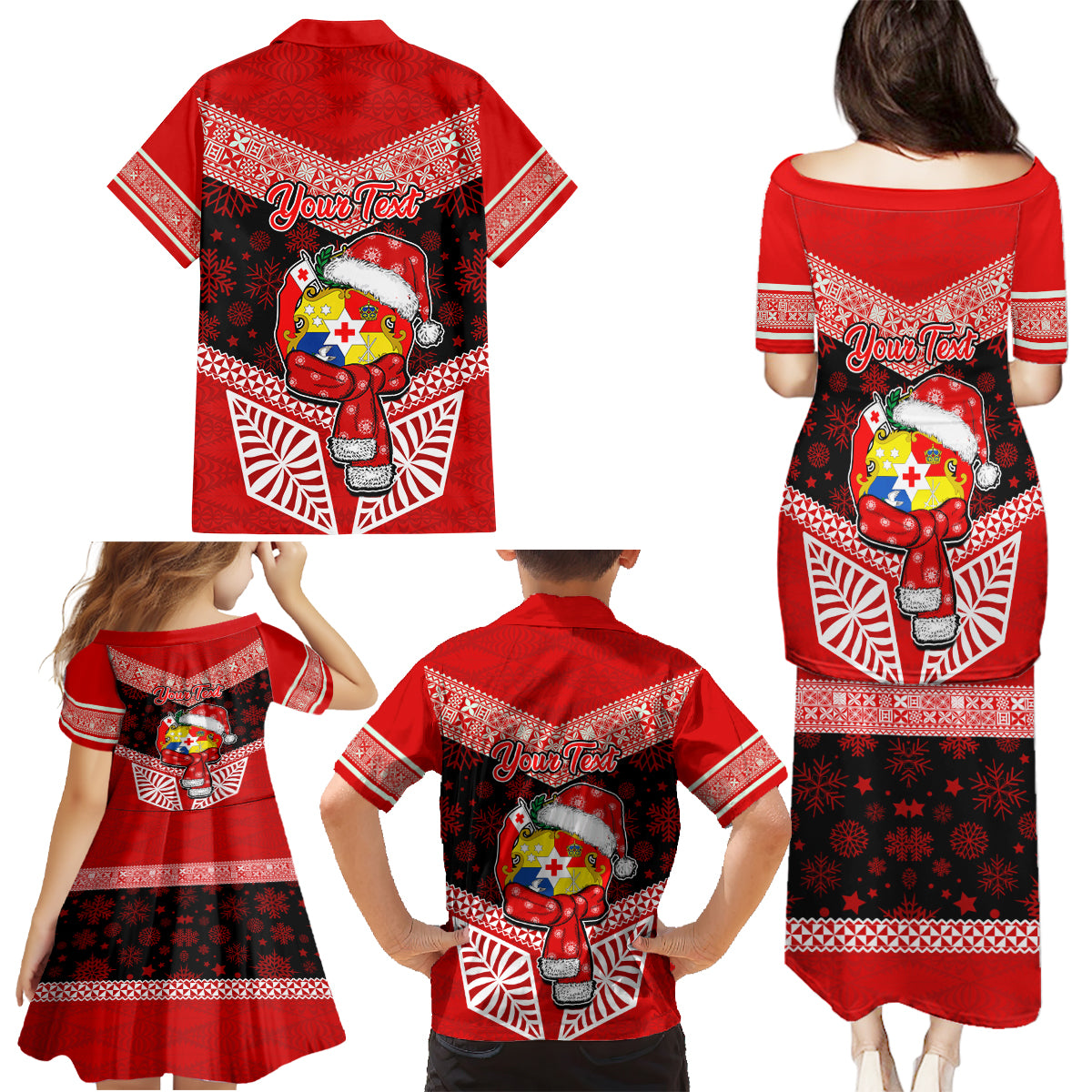 Personalised Tonga Christmas Family Matching Puletasi Dress and Hawaiian Shirt Tongan Coat of Arms Santa With Ngatu Pattern Christmas Red Style LT03 - Polynesian Pride