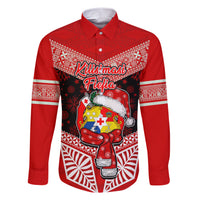 Personalised Tonga Christmas Family Matching Short Sleeve Bodycon Dress and Hawaiian Shirt Tongan Coat of Arms Santa With Ngatu Pattern Christmas Red Style LT03 Dad's Shirt - Long Sleeve Red - Polynesian Pride