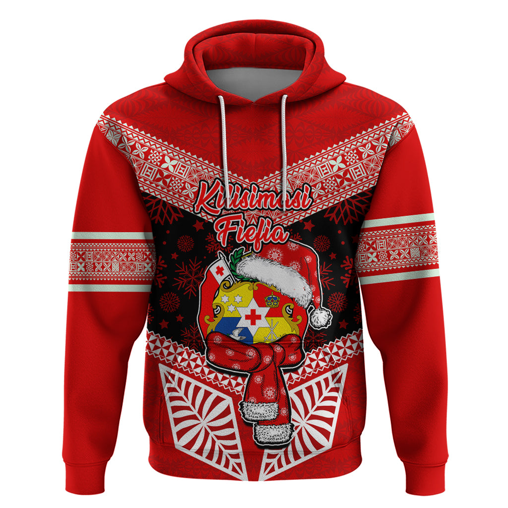 Personalised Tonga Christmas Hoodie Tongan Coat of Arms Santa With Ngatu Pattern Christmas Red Style LT03 Red - Polynesian Pride