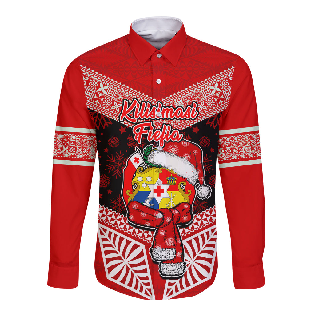 Personalised Tonga Christmas Long Sleeve Button Shirt Tongan Coat of Arms Santa With Ngatu Pattern Christmas Red Style LT03 Unisex Red - Polynesian Pride