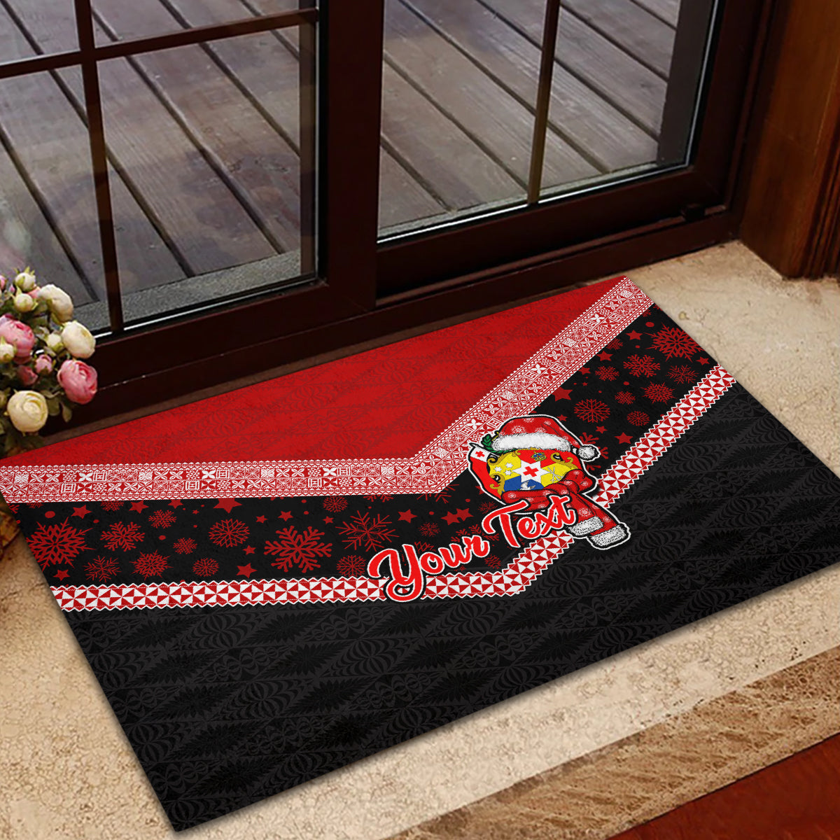 Personalised Tonga Christmas Rubber Doormat Tongan Coat of Arms Santa With Ngatu Pattern Christmas Red Style LT03 - Polynesian Pride