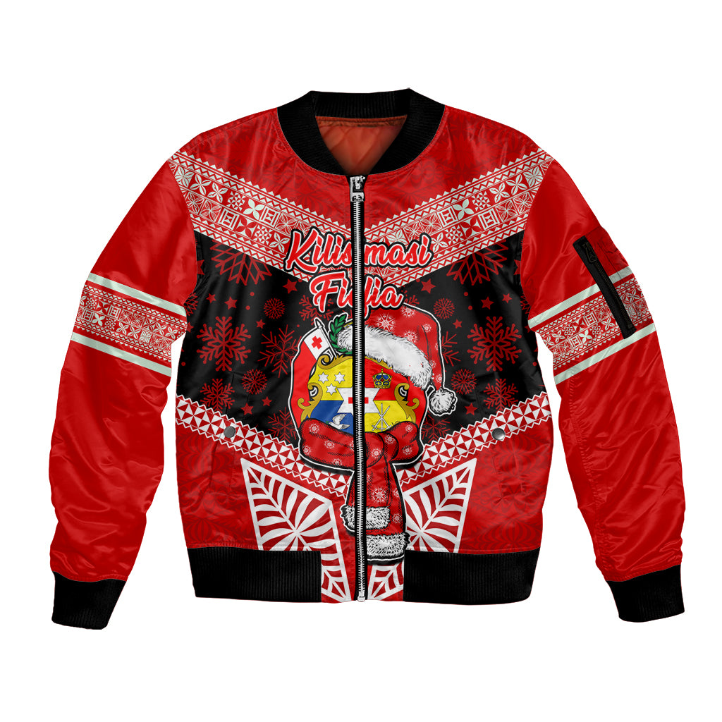 Personalised Tonga Christmas Sleeve Zip Bomber Jacket Tongan Coat of Arms Santa With Ngatu Pattern Christmas Red Style LT03 Unisex Red - Polynesian Pride