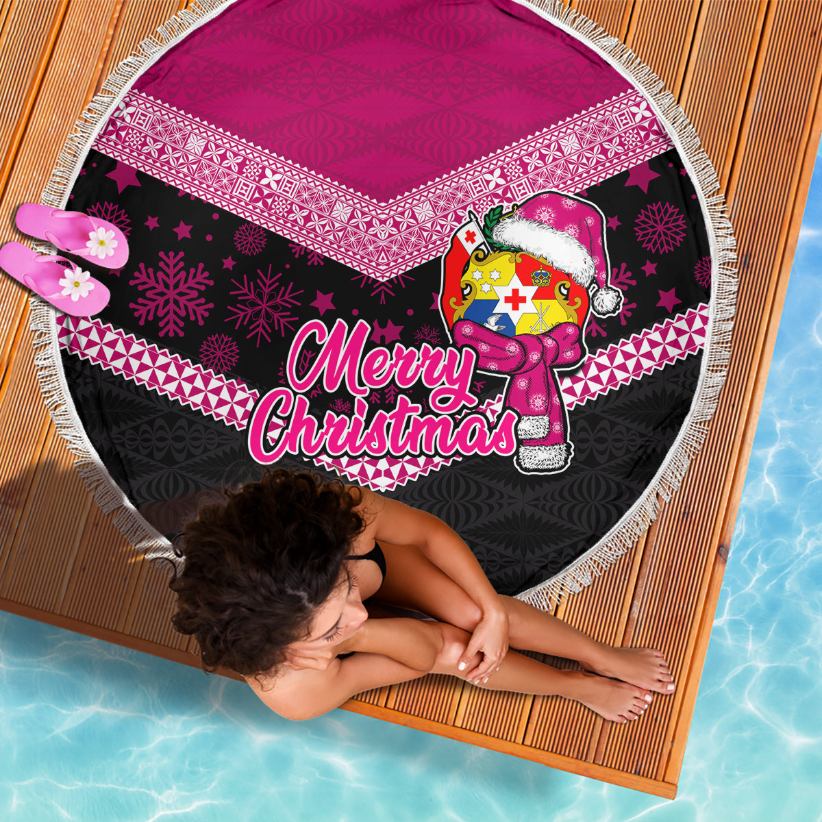 Tonga Christmas Beach Blanket Tongan Coat of Arms Santa With Ngatu Pattern Christmas Pink Style LT03 - Wonder Print Shop