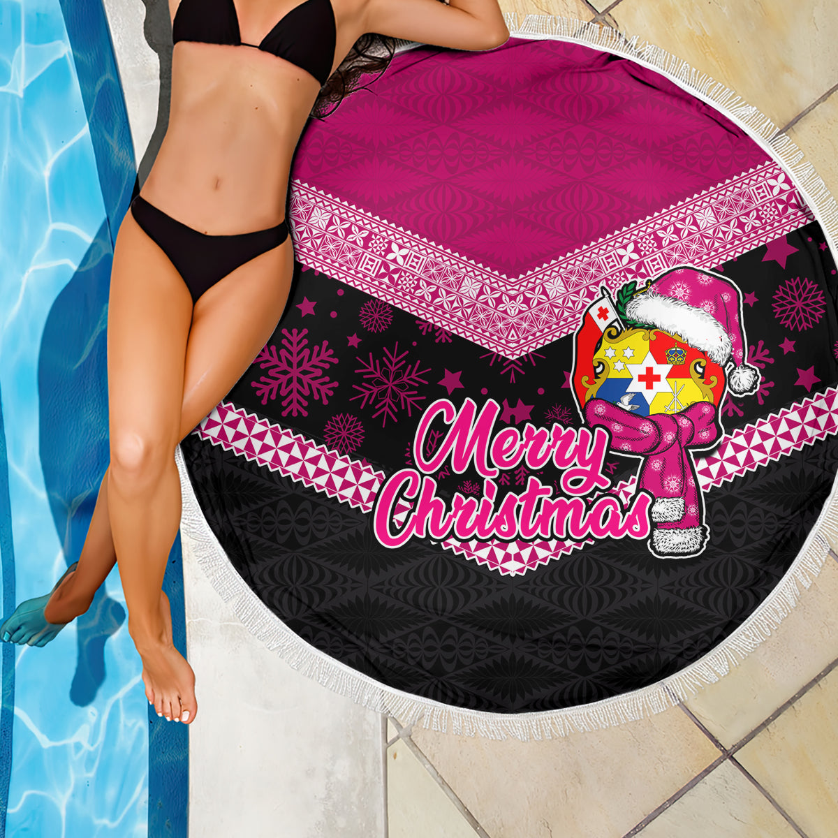 Tonga Christmas Beach Blanket Tongan Coat of Arms Santa With Ngatu Pattern Christmas Pink Style LT03 - Wonder Print Shop