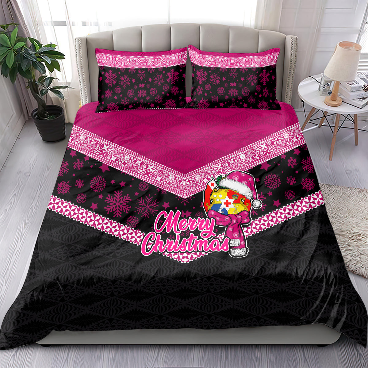 Tonga Christmas Bedding Set Tongan Coat of Arms Santa With Ngatu Pattern Christmas Pink Style LT03 - Polynesian Pride