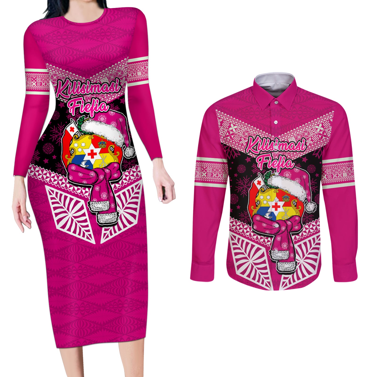 Tonga Christmas Couples Matching Long Sleeve Bodycon Dress and Long Sleeve Button Shirts Tongan Coat of Arms Santa With Ngatu Pattern Christmas Pink Style LT03 Pink - Polynesian Pride