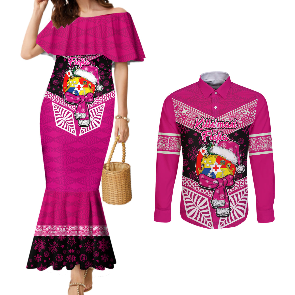 Tonga Christmas Couples Matching Mermaid Dress and Long Sleeve Button Shirts Tongan Coat of Arms Santa With Ngatu Pattern Christmas Pink Style LT03 Pink - Polynesian Pride