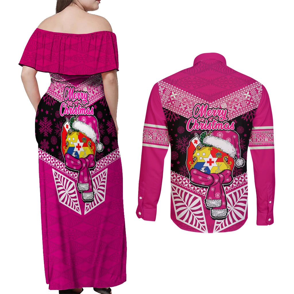 Tonga Christmas Couples Matching Off Shoulder Maxi Dress and Long Sleeve Button Shirts Tongan Coat of Arms Santa With Ngatu Pattern Christmas Pink Style LT03 - Polynesian Pride
